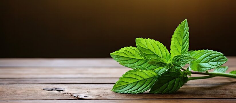 On the wooden table there is a single green mint leaf resting offering an appealing copy space image