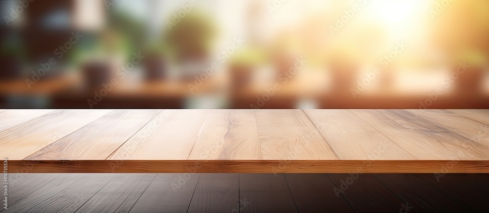 Poster In a room with blurred background there is a wood table top that offers empty copy space for various purposes