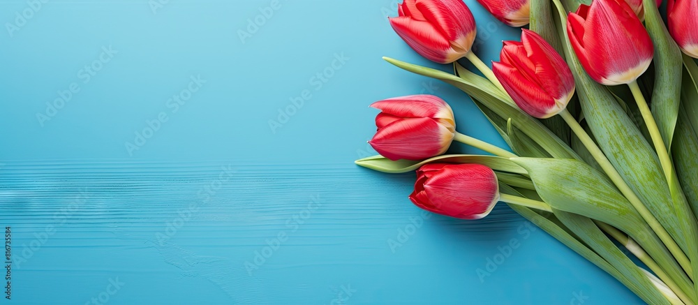 Poster Red tulip bouquet and card on a bright blue table background creating a design concept for a Mother s Day holiday greeting gift with copy space image