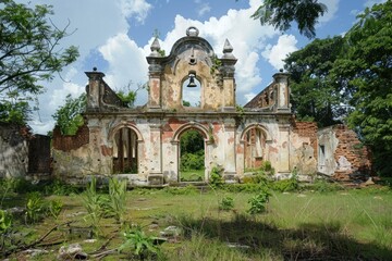 Decaying colonialera church with overgrown surroundings under a blue sky