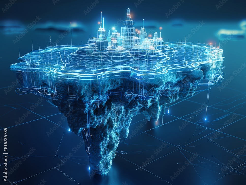 Leinwandbilder A wire-frame hologram of the floating island, with glowing blue lines forming an intricate pattern around the iconic structure against an isolated dark background. Generative AI.