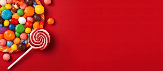 A vibrant lollipop sits among a variety of colorful candies on a captivating red backdrop The enticing top view reveals a generous amount of copy space in the image