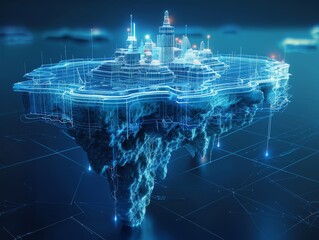 A wire-frame hologram of the floating island, with glowing blue lines forming an intricate pattern around the iconic structure against an isolated dark background. Generative AI.