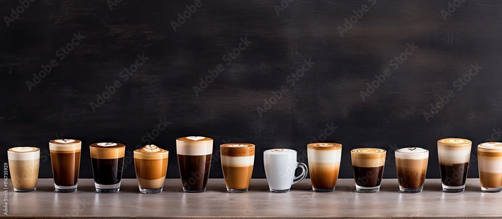 Poster A copy space image showcasing various coffee types like latte espresso mocha and cappuccino presented in a range of cups and containers with different styles