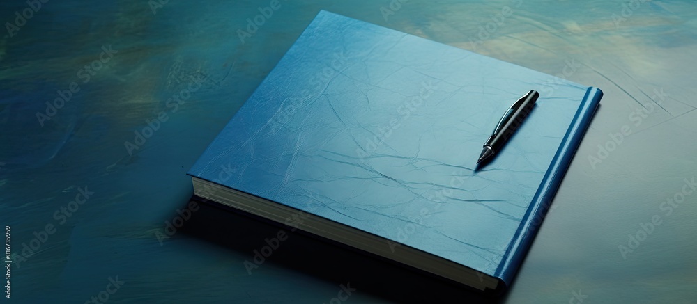 Wall mural a copy space image showing a pen placed on a blue notepad which is sitting on a table