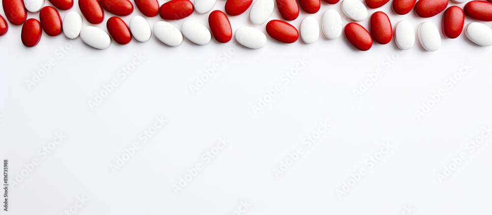 Poster Top view of red and white tablets on a white background creating a spacious image. with copy space image. Place for adding text or design