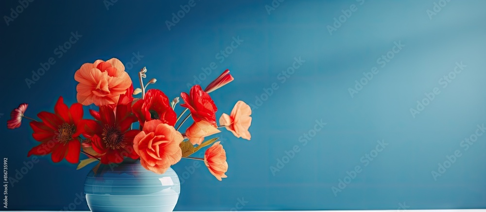 Poster sunlight illuminates a blue vase filled with vibrant red flowers creating a captivating copy space i