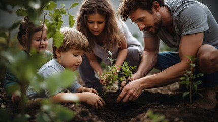 Fototapeta premium Parents and children planting a tree together in their backyard, teaching the importance of environmental stewardship