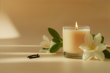 Mockup soy candle on the table, nearby vanilla flower, beige colored background, copy space for text. Concept: eco life, vegan product, handmade, natural, still life