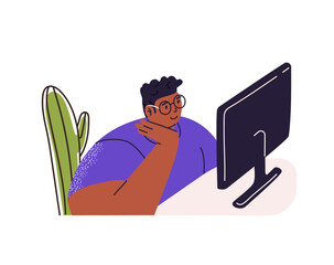 Remote worker sits behind computer in home office. Young man works on pc at the desk. Student watching on screen on table, studies online. Flat isolated vector illustration on white background