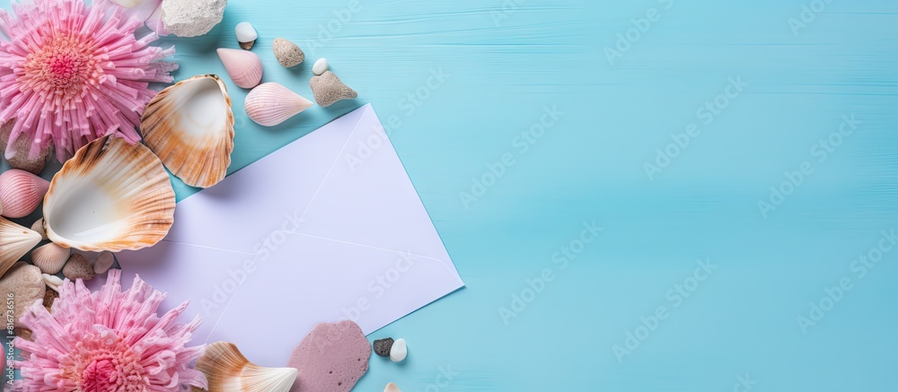 Poster A summer themed flat lay with a minimal composition It features a pink envelope an empty card and a seashell on a pastel blue background The image is taken from a top down view emphasizing the summer