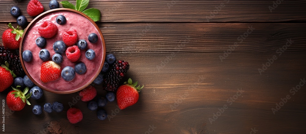 Aufkleber A top down view of a wooden table showcasing a bowl filled with raspberry smoothie and an assortment of berries leaving space to add text or images. with copy space image