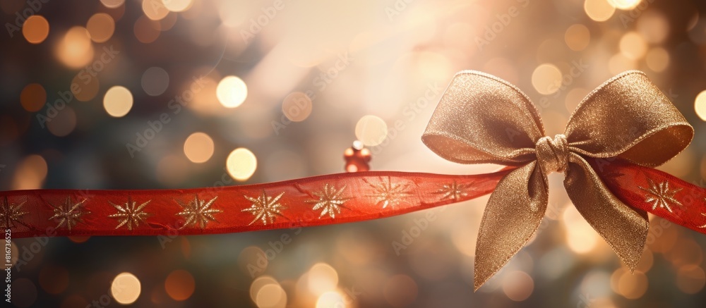 Poster There are two ribbons hanging on the Christmas tree creating an elegant and festive display The placement of the ribbons adds a touch of color and brightness to the tree which enhances the overall ho