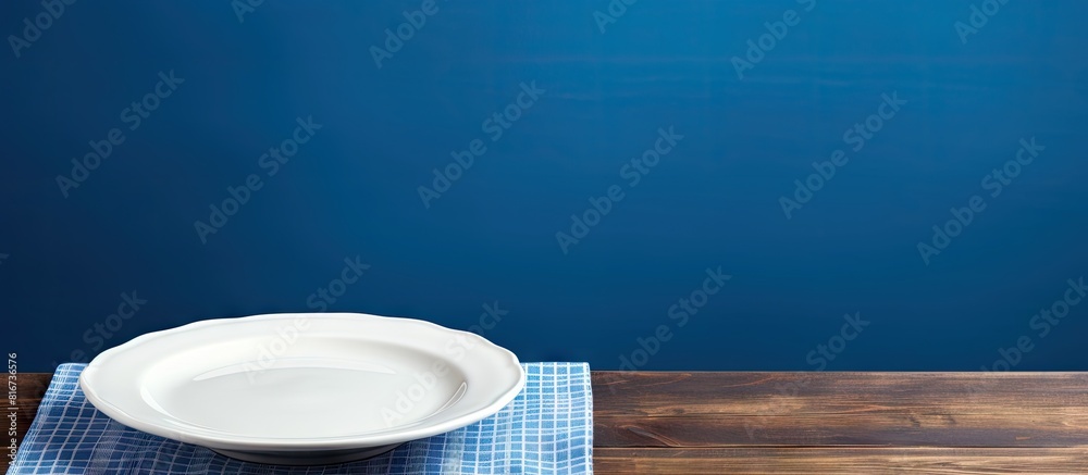 Poster copy space image of a white wooden table with a new blue tablecloth featuring an empty plate on top