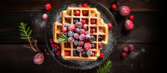 A top down view of a food background showcasing organic and healthy Belgian waffles served as a Christmas and New Year dessert option on a menu The image provides ample copy space for text