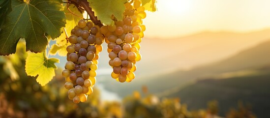 A copy space image of a ripe white grape hanging on a vine at a vinery against the backdrop of the...