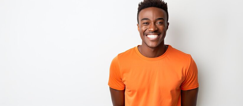 A smiling young African man wearing an orange t shirt poses against a white background in a joyful and exuberant manner The image offers ample empty space for additional elements