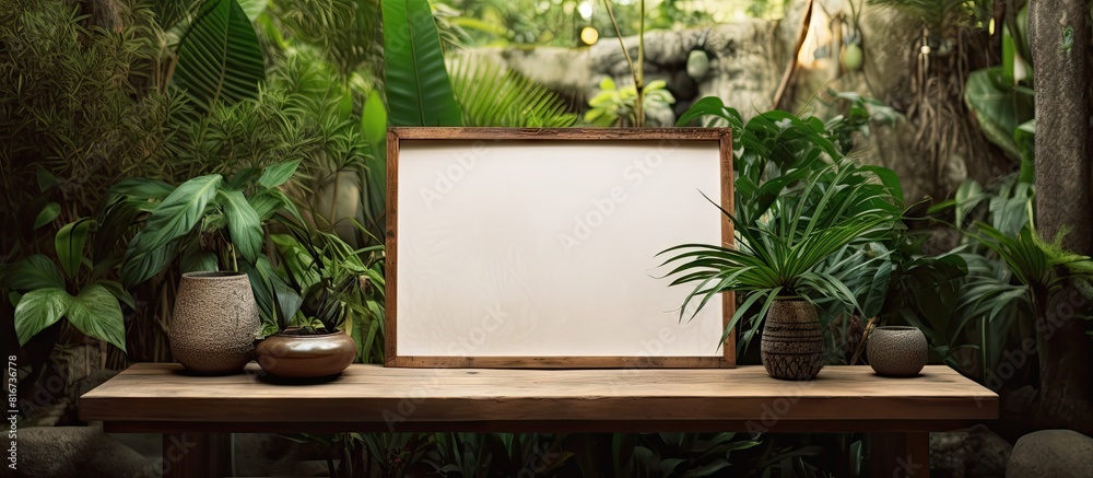 Poster A vintage wooden table displays a mock up photo frame surrounded by lush monstera leaves and aloe vera plants in clay pots creating a visually appealing room interior. with copy space image