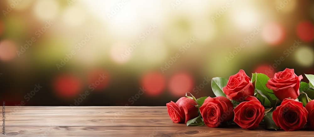 Poster a wooden table with ample free space for your decoration featuring blurred red roses and a home inte
