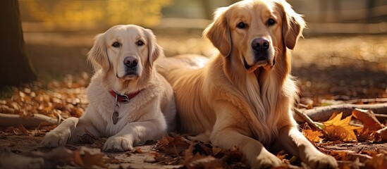 Two large dogs a Golden Retriever and a German Shepherd peacefully resting side by side on the floor of a home They are loyal pets eagerly waiting for their human companion This image captures the es