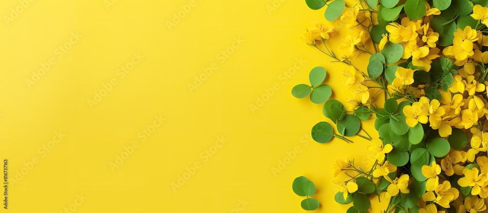 Poster A yellow background with clover flowers and room for text. with copy space image. Place for adding text or design