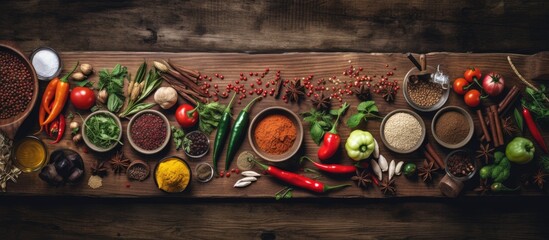 Top view image of a wooden kitchen table showcasing a variety of spices herbs vegetables and a cutting board creating a captivating food cooking background Ample space for additional content - Powered by Adobe