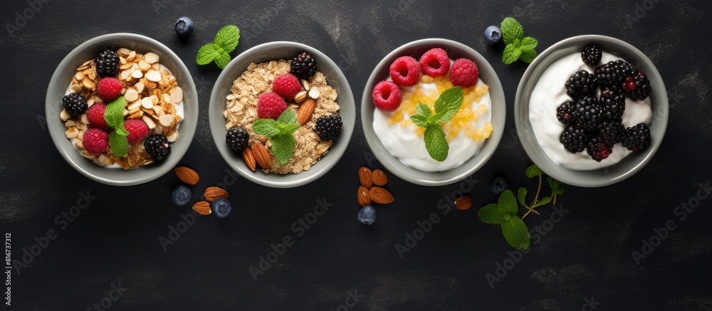 Leinwandbilder image of a top view showcasing bowls filled with fresh yogurt baked granola and assorted berries cre