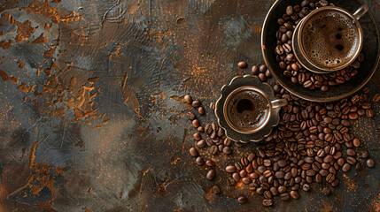 Composition with hot Turkish coffee and beans on grunge background