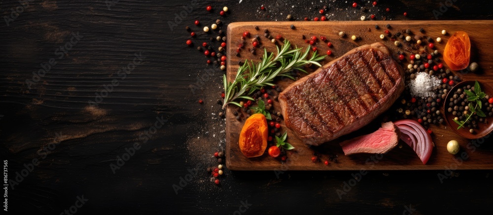 Poster Top down view of a cutting board displaying a delicious grilled beef steak artfully seasoned with spices and surrounded by ample copy space for additional elements