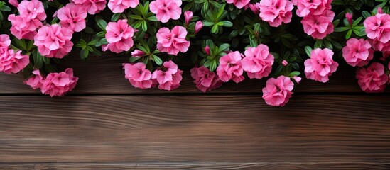 Wooden background with a beautiful arrangement of pink flowers and greenery providing a pleasing copy space image