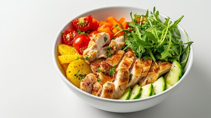 A bowl of food with chicken, tomatoes, cucumbers, and carrots