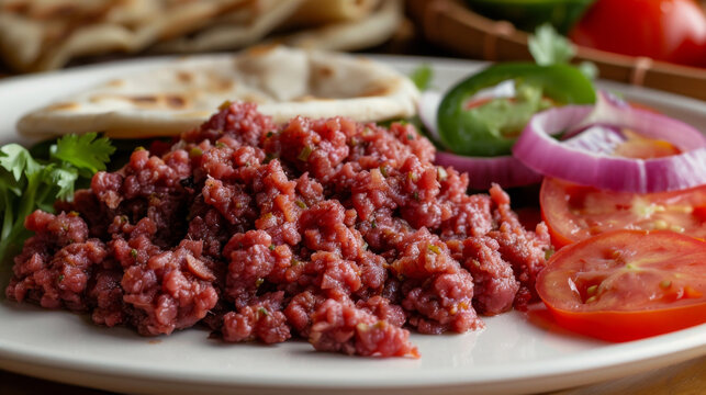 Authentic african dish kitfo, finely diced raw beef seasoned with spices, served with vegetables and flatbread on a wooden table