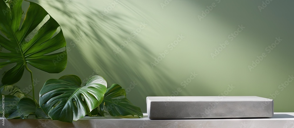 Aufkleber a copy space image showcasing an empty gray stone podium against a green background with a tropical 