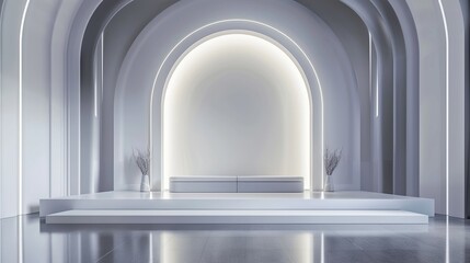 A large, empty room with a white archway and a white wall