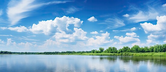 The river beneath showcases a picturesque panorama of a radiant blue sky adorned with stunning clouds leaving ample copy space for an image