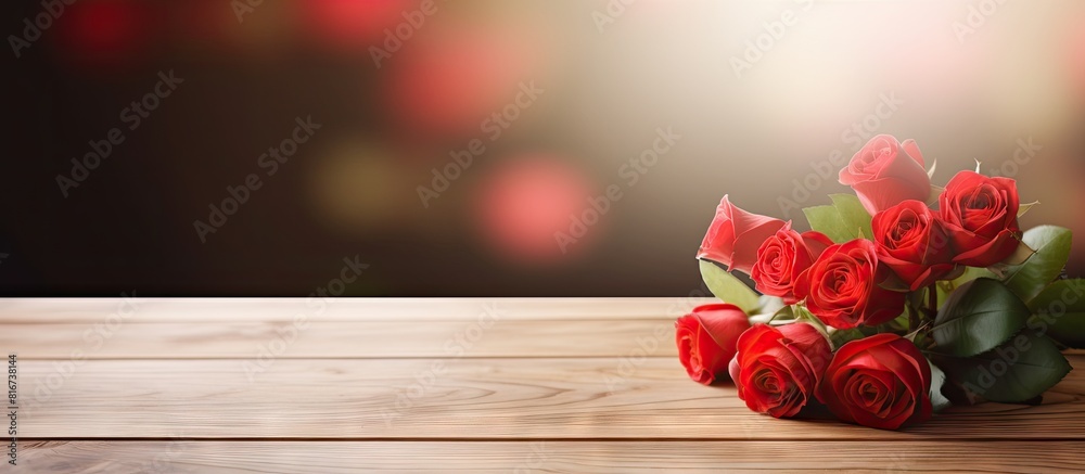 Poster a wooden table with ample free space for your decoration featuring blurred red roses and a home inte