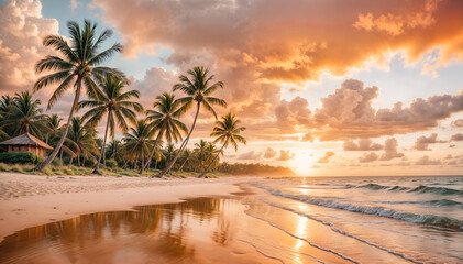 A tropical beach landscape at sunset. Palm trees on a sandy tropical beach under dramatic clouds. Tropical paradise wallpaper.