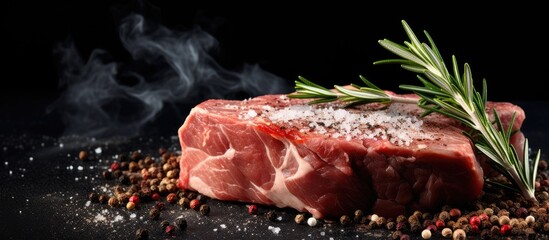 A copy space image of uncooked pork brisket seasoned with salt pepper and rosemary on a black stone