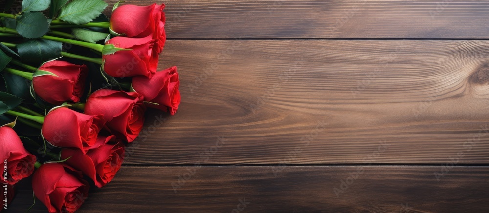 Poster a copy space image of red roses arranged in a bouquet on a light wooden background