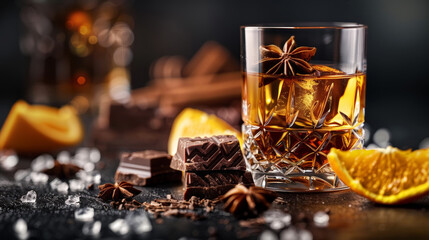 Glass of luxury whiskey with citrus fruit, piece of chocolate, anise star, barley grain. Adv Concept. Generative AI