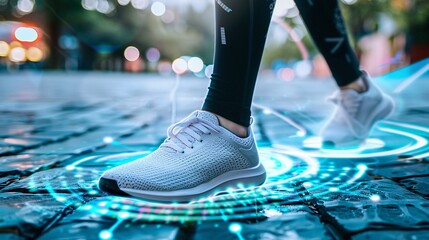 Fototapeta premium A person walks down a city street, wearing a smart shoe that tracks steps and fitness data