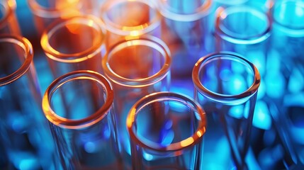 A row of glass beakers with a blue background