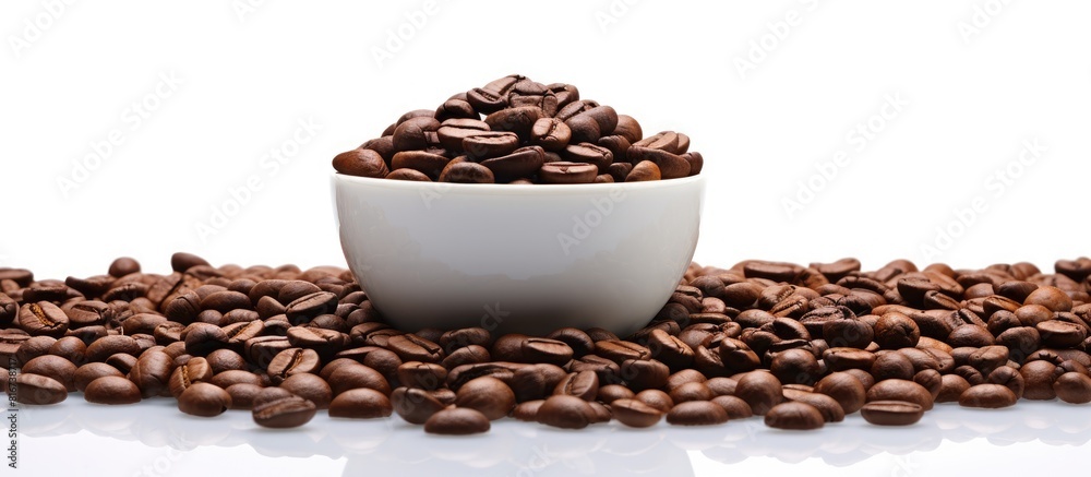 Poster A cup of roasted coffee beans on a white background with plenty of copy space for other elements of your design