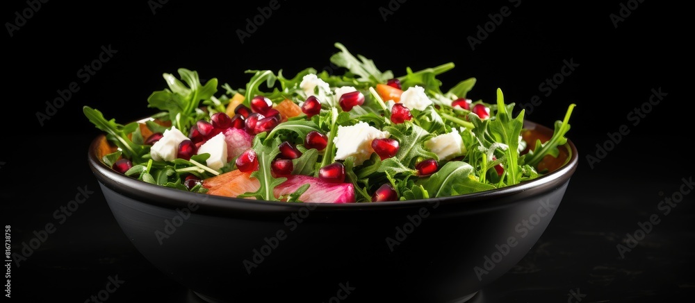 Poster A vibrant salad of rucola feta cheese red onion and pomegranate seeds is presented in a black bowl set against a chalkboard background providing the perfect copy space image