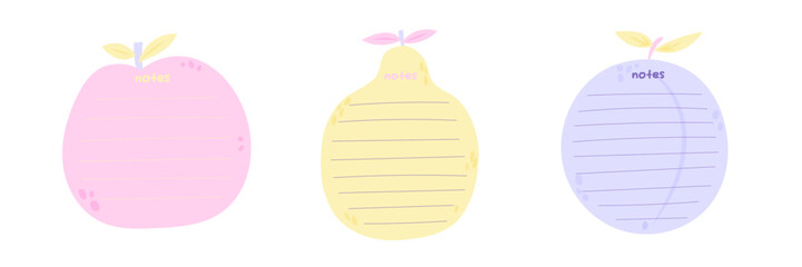 Digital bullet journal blank paper notes. Cute pastel text boxes for digital planning. Fruits sticky notes for digital planner and organizer. Patel note papers. Vector illustration