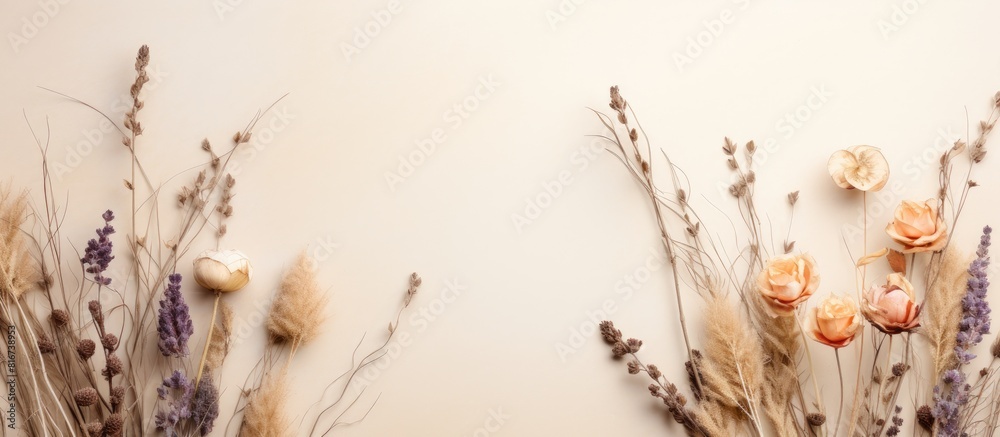 Poster Top view of a beige background with a flat lay arrangement of dry flowers and a dried branch Perfect for a mockup with copy space