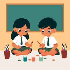 Fototapeta premium Indian school kids painting inside a classroom