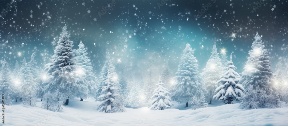 Poster Snowing in a winter forest with Christmas trees creates a natural background The wide format image offers ample copy space to enhance its versatility