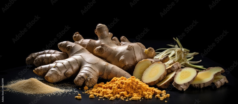 Poster A copy space image featuring fresh and ground ginger root spice is displayed against a black background showcasing its natural remedy properties