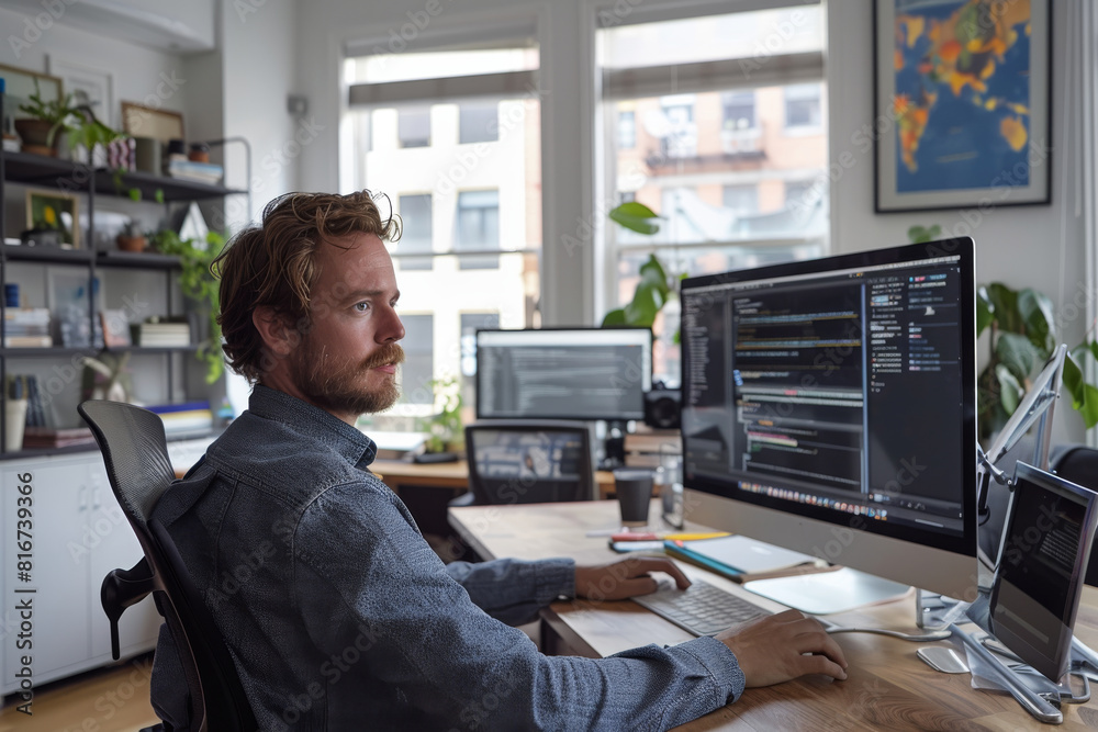 Aufkleber A male hip web developer at work in a modern office space. from side perspective. Generative AI.